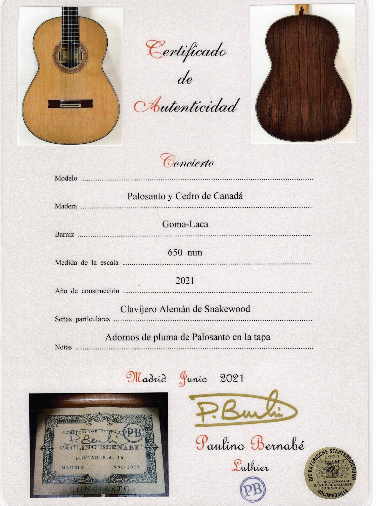 2021 Paulino Bernabe, Model PB Concierto, Certificate