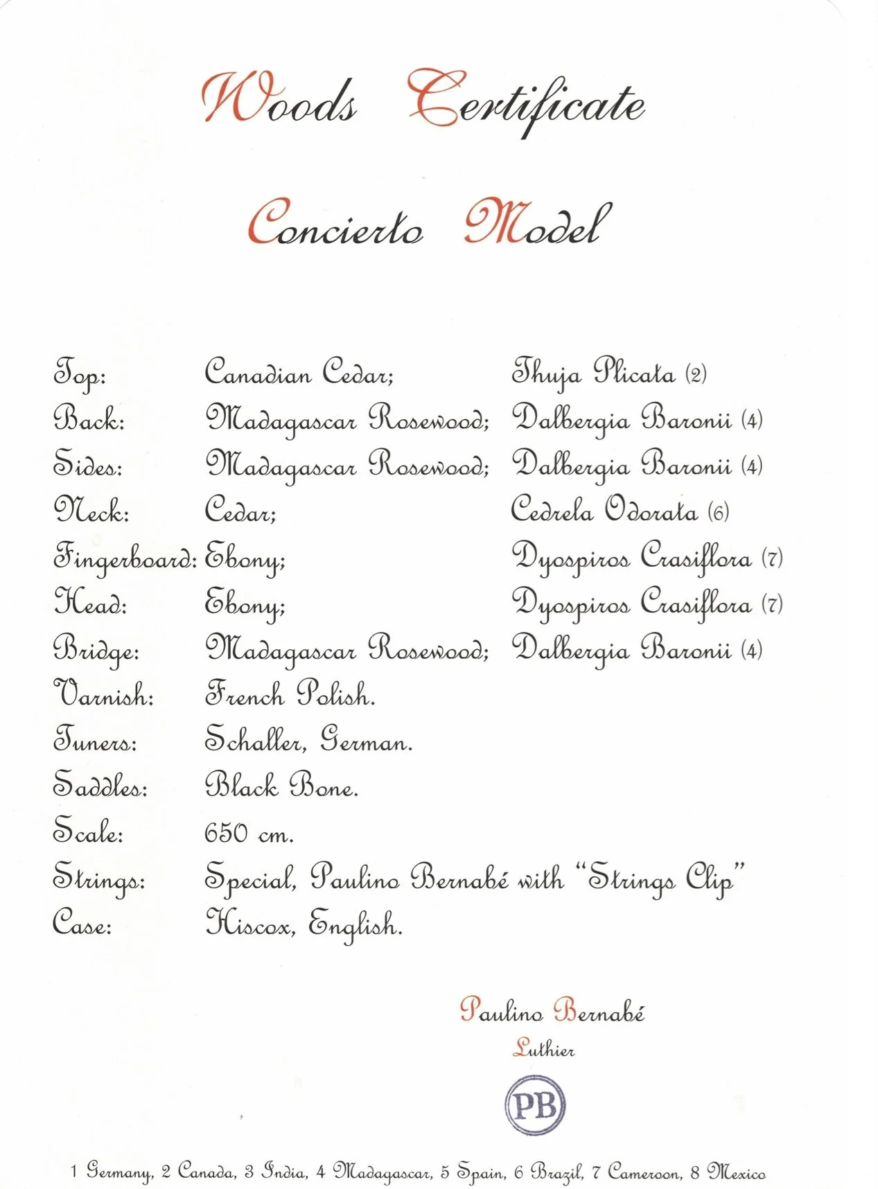 2021 Paulino Bernabe, Model PB Concierto, Certificate