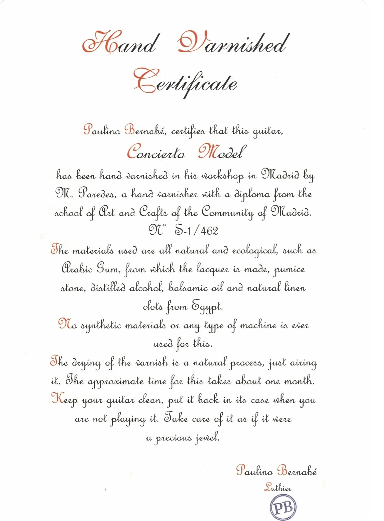 2021 Paulino Bernabe, Model PB Concierto, Certificate