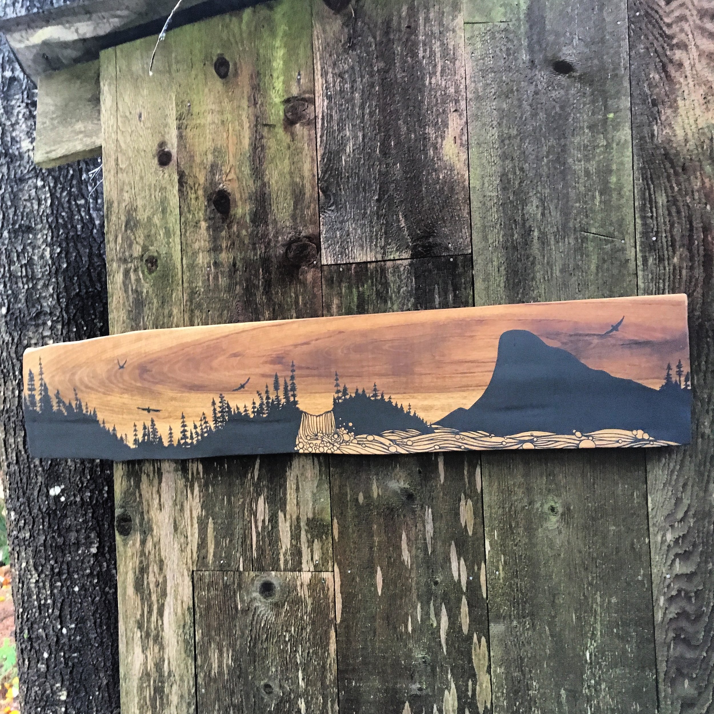 Wy'east Waterfall on salvaged Mertle Wood from the OR Coast