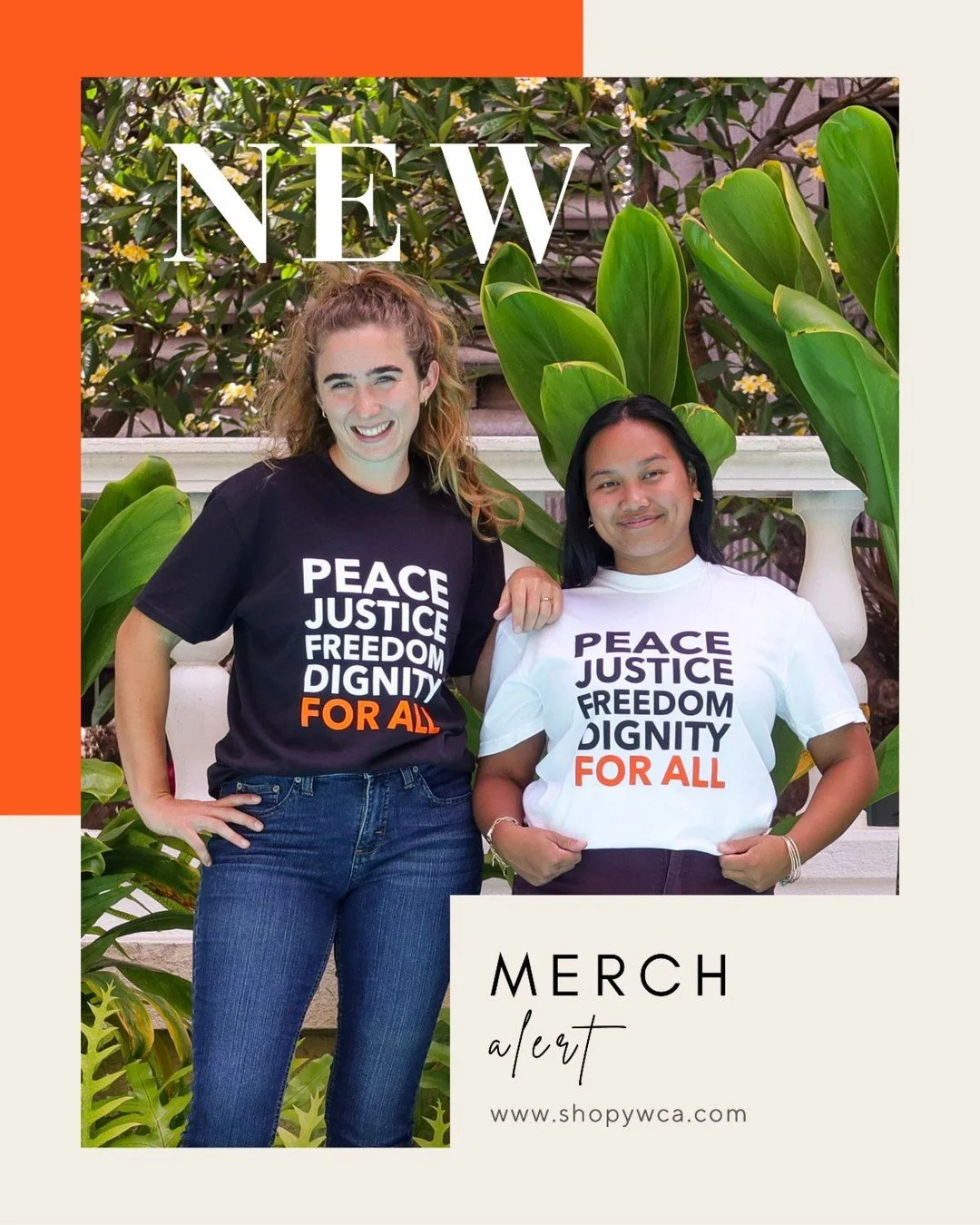 📣 New merch alert! 📣

Our newest tees are here, featuring the message: &ldquo;Peace, Justice, Freedom, Dignity for All.&rdquo; Wear your values and support YWCA Oʻahu&rsquo;s mission to empower women, strengthen communities, and create lasting chan