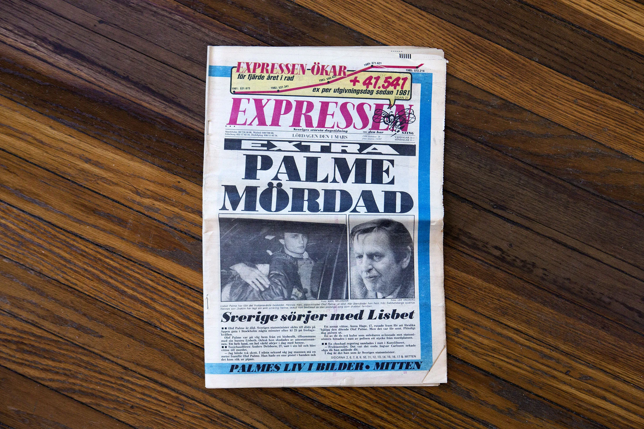 Expressens förstasida den 1 mars, 1986. Jag höll på att missa flyget till Sundsvall för att de hade så många extra kvällstidningar att flyga upp dit vilket gjorde att planet blev för tungt och vissa av passagerarna var tvugna att ta nästa plan.