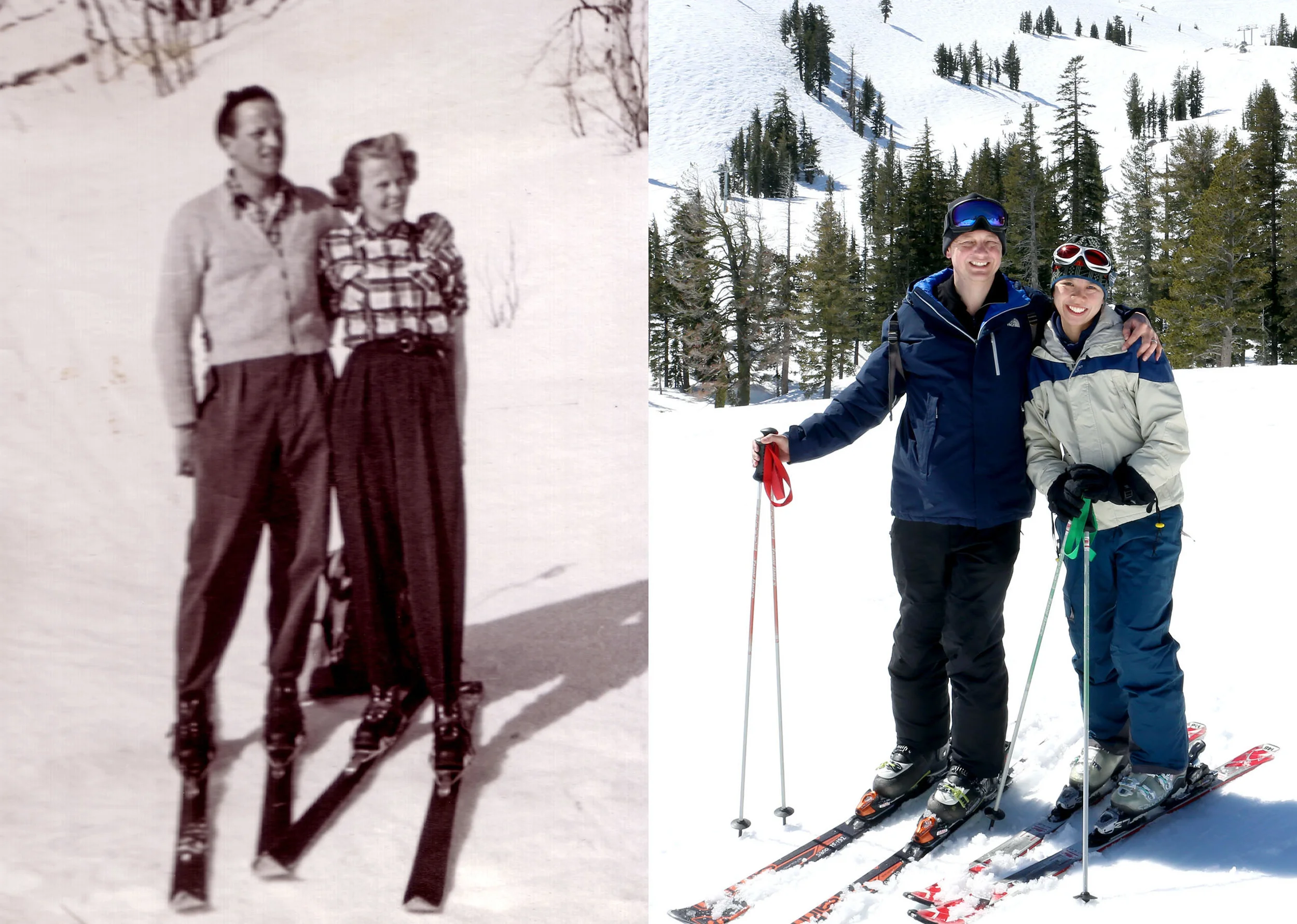 Till vänster är min morfar och mormor, Kåge och Marianne, i svenska fjällen någon gång på 50-talet och till höger är jag och Roseann i Squaw Valley för en vecka sedan. Konstaterar att det var mer stil förr.