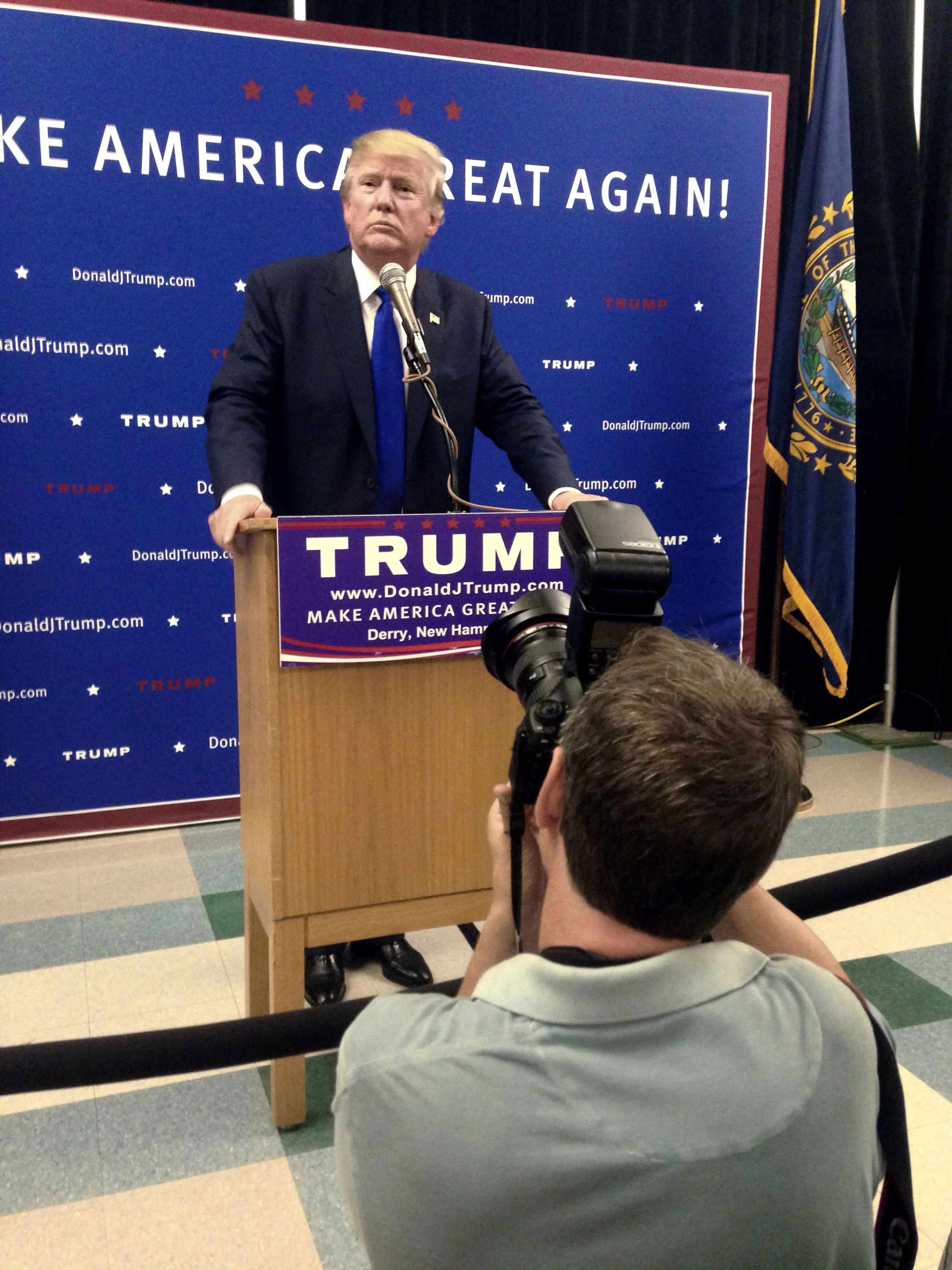 August, 2015: Jag fotograferar Donald Trump under ett valmöte i Derry, New Hampshire. Foto: Marianne Vikås