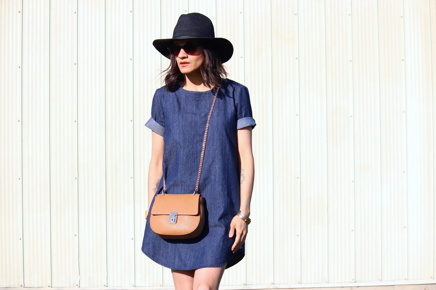 WoahStyle.com - Denim Dress, Gladiator Sandals, Tan Cross body and paper hat_StreetStyle_4423.jpg