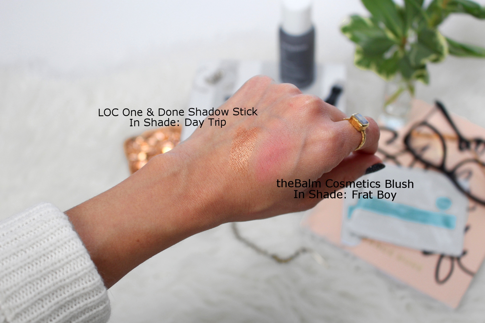 Swatch samples on Nathalie's light-medium olive skin. As you can see theBalm's Frat Boy blush shows up well on her skintone. 