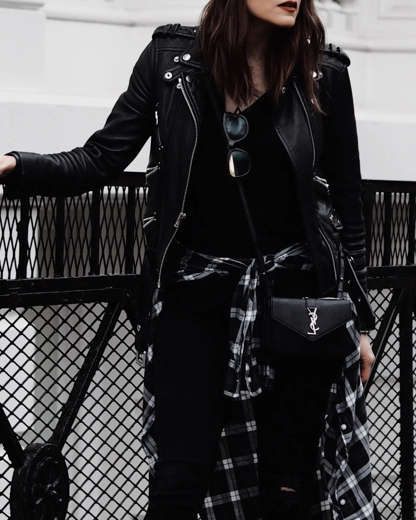 NYC street style - Saint Laurent Candy platform boots and cross body bag, The Kooples leather jacket and plaid shirt  5.jpg