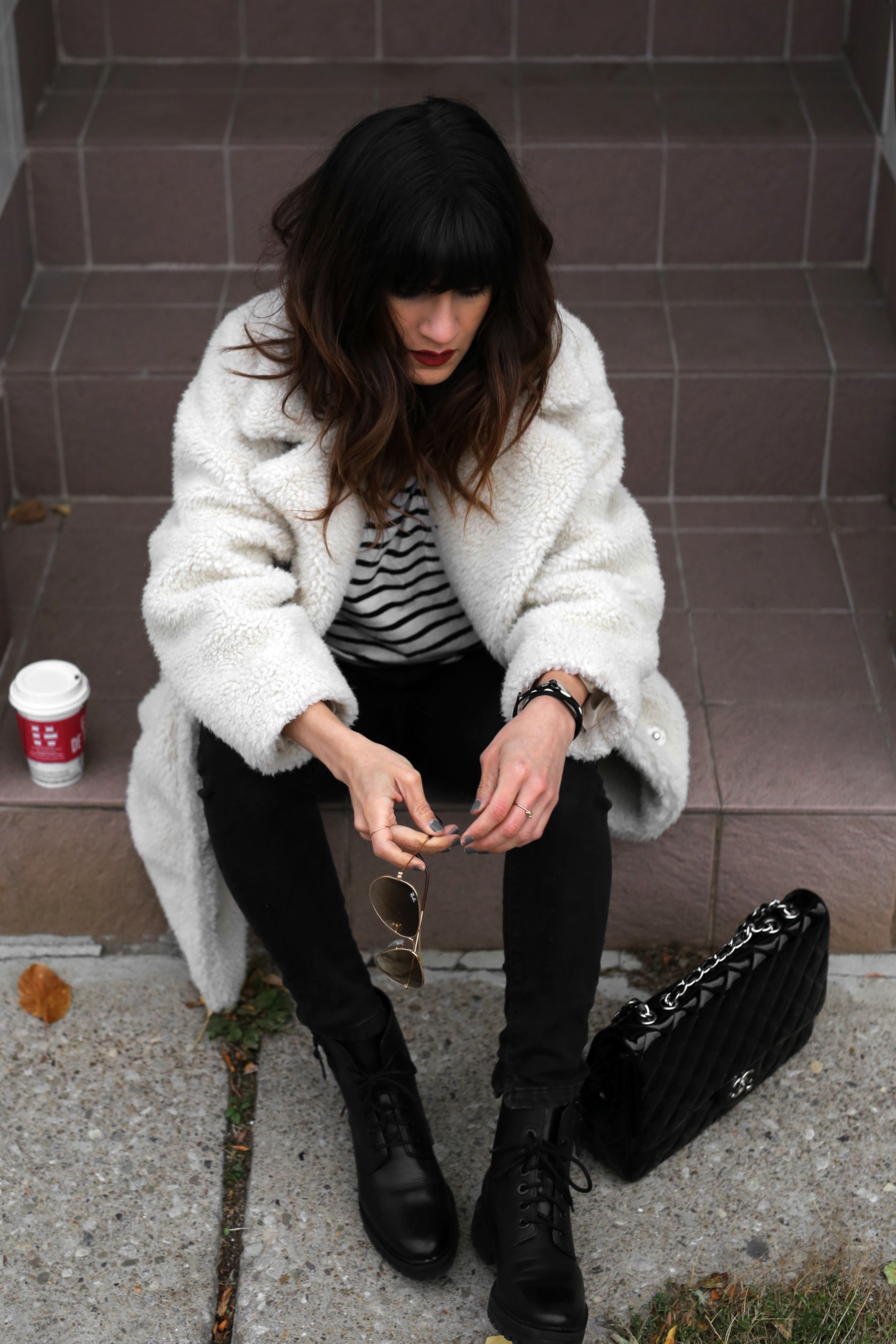 Fuzzy Topshop coat, striped top, black skinny jeans and patent leather Chanel jumbo bag street style - rocker chic - parisian style - french style_2889.jpg