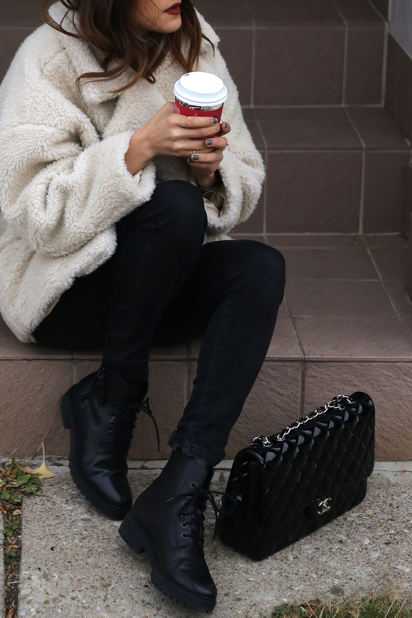 Fuzzy Topshop coat, striped top, black skinny jeans and patent leather Chanel jumbo bag street style - rocker chic - parisian style - french style_2903.jpg