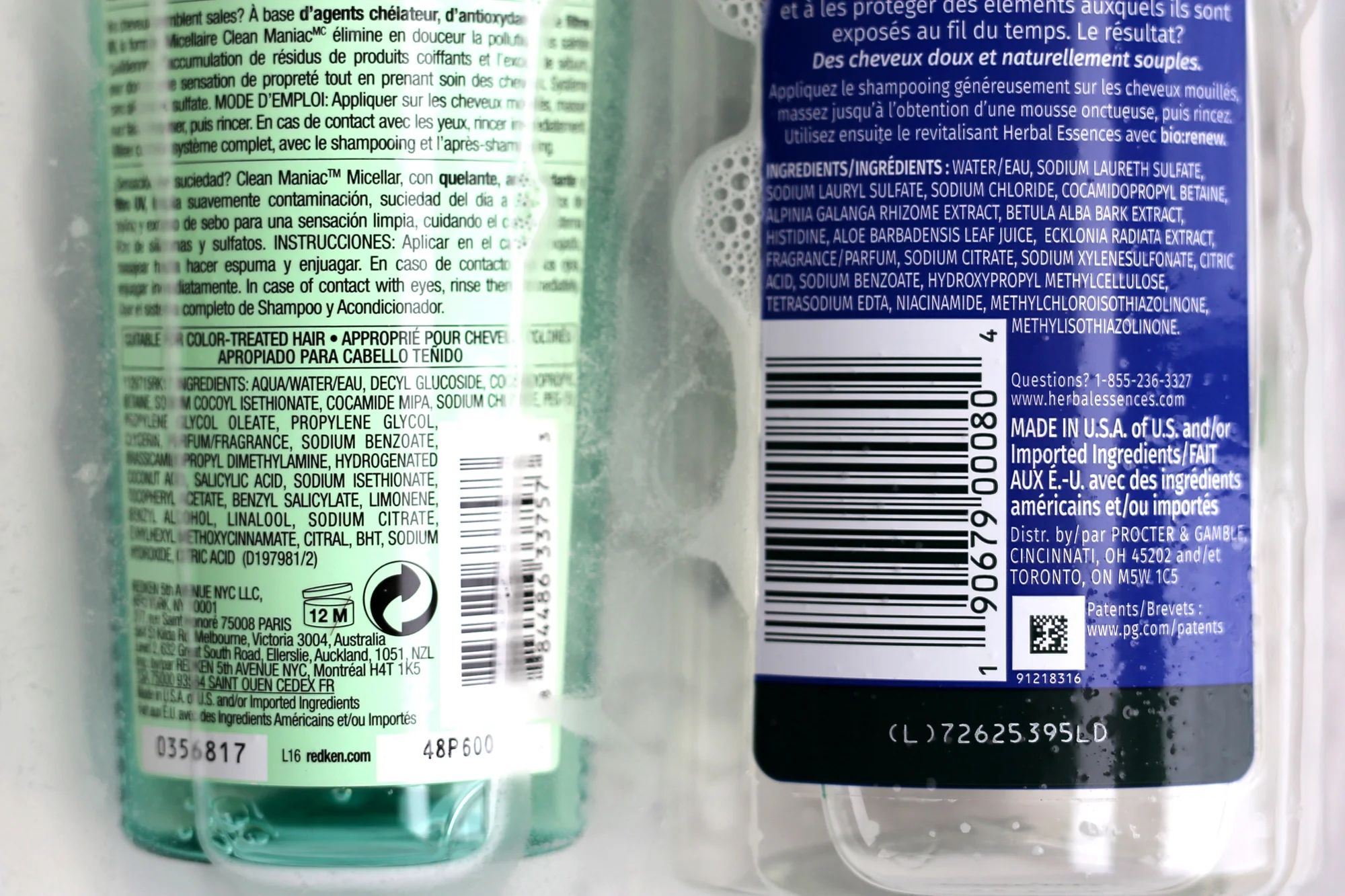 High end vs. drug store micellar shampoo. Redken's (left) is silicone and sulphate-free while Herbal Essences bio:renew (right) contains SLS, a foaming agent which some people avoid as it can be an irritant in a small percent of the population. 