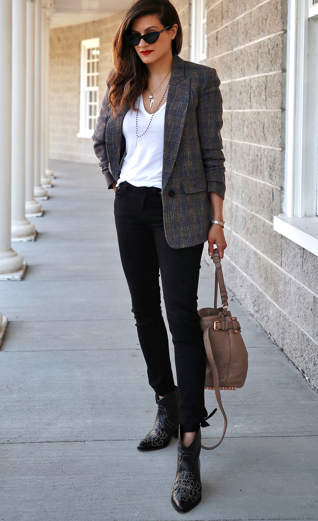 Lauren Conrad : black sunglasses, black sweater, black pants, black  Balenciaga bag & tan ankle boots