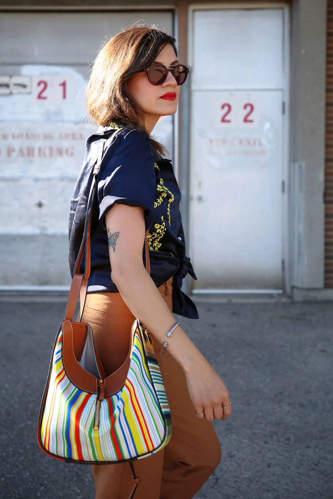 Cinq à Sept embroidered silk blouse, brown zara trouser pants, isabel marant sandals, loewe small striped hammock bag ss18, summer style, toronto fashion blogger, woahstyle.com by nathalie martin 12.jpg