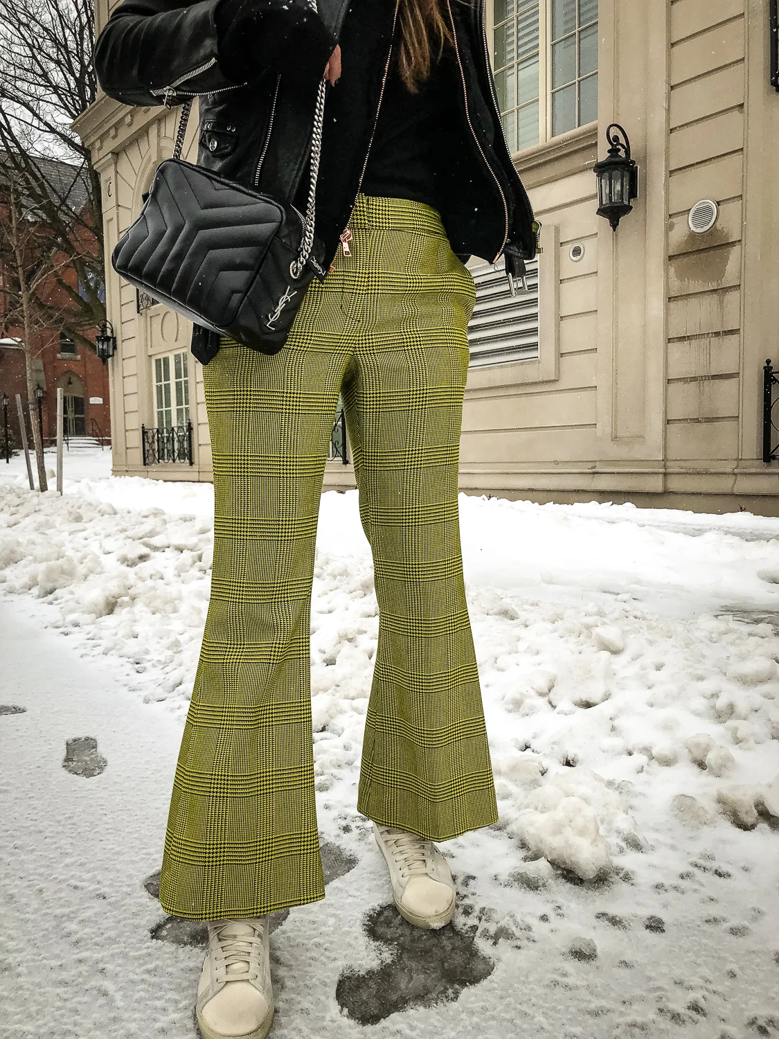 nathalie martin, robert rodriguez yellow plaid flared pants, the kooples leather moto jacket, frank and eileen tee labs hoodie, saint laurent loulou bowling bag and canvas high top sneakers, woahstyle.com_3056.jpg
