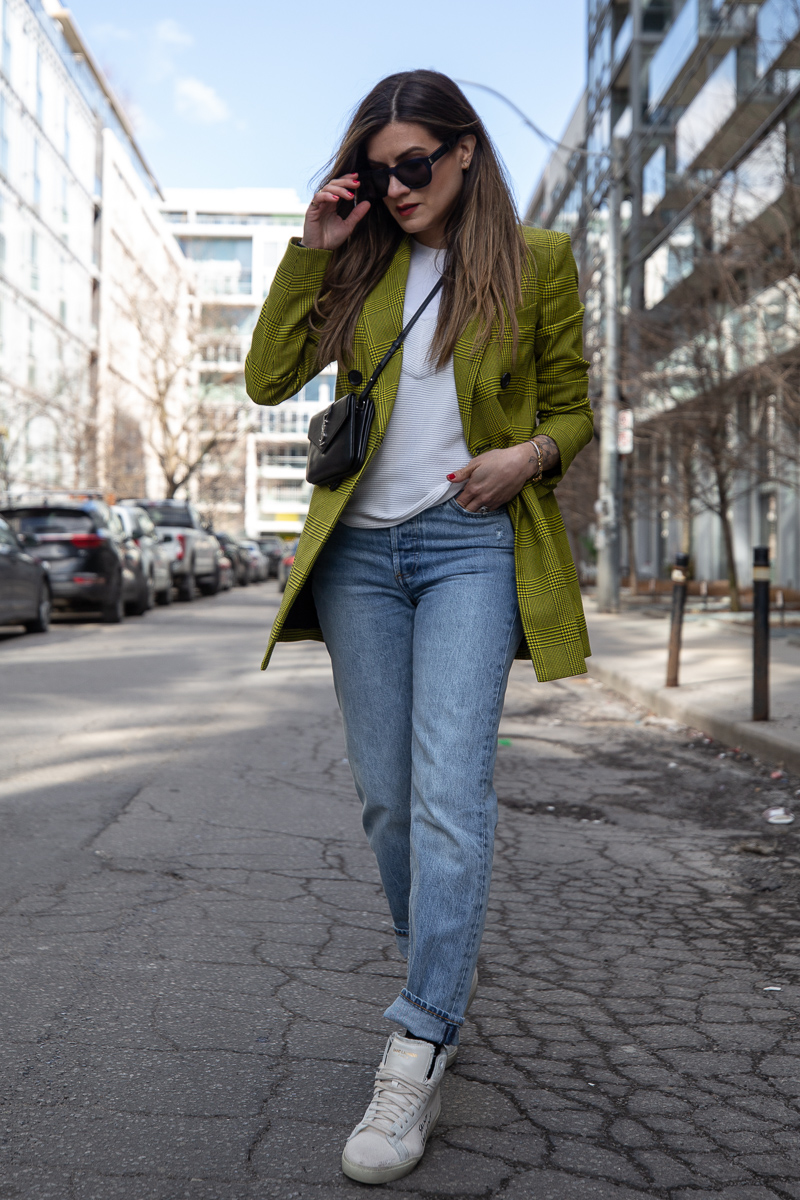 Spring Style: Plaid Long Blazer + Straight Leg Jeans + YSL Medium
