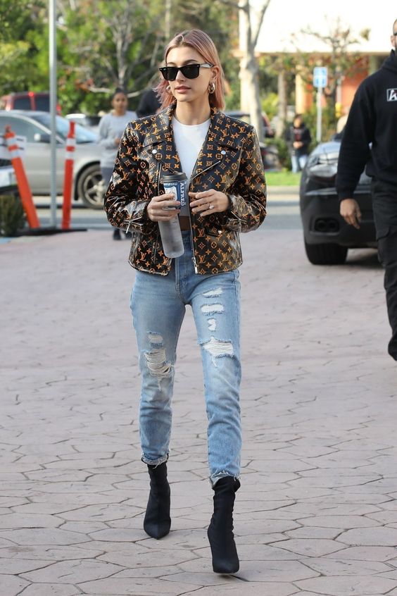 Hailey Bieber's Green Plaid and Denim Jacket