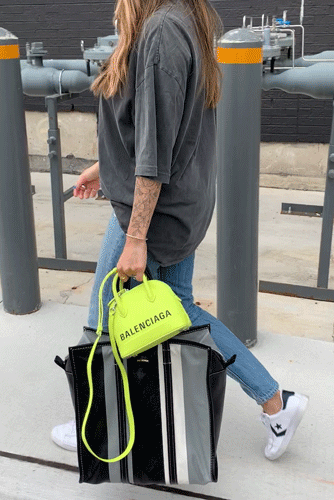 nathalie martin balenciaga bazar medium tote bag, ville top handle everyday xxs bag neon yellow, oversized balenciaga tshirt.gif