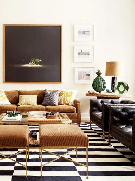 Nate Berkus home, brown sofa couch, black and white striped rug, home decor, interior design.jpg