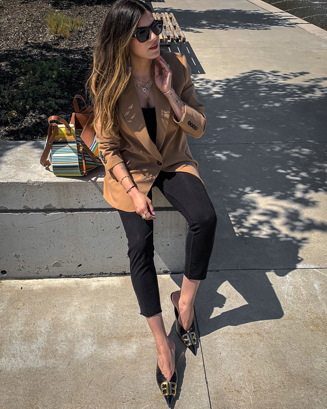 nathalie martin, fall trends 2019, camel neutrals, zara oversized blazer, mens inspired, tailored, balenciaga black patent leather bb mules kitten heels, loewe striped small hammock bag, gold and silver jewelry streetstyle, woahstyle.com_5345.jpg