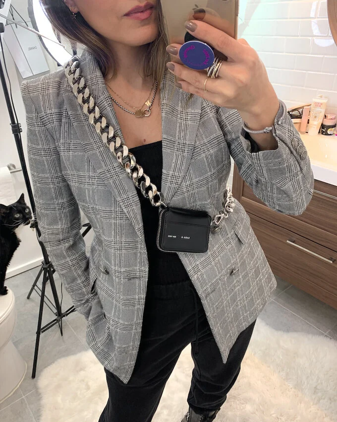Instagram @_NathalieMartin grey plaid structured Blazer, balenciaga, jogging pants style, Alexander Wang Kennah boot, Louis Vuitton black leather monogram empreinte bumbag, street style, woahstyle.com_1120.jpg