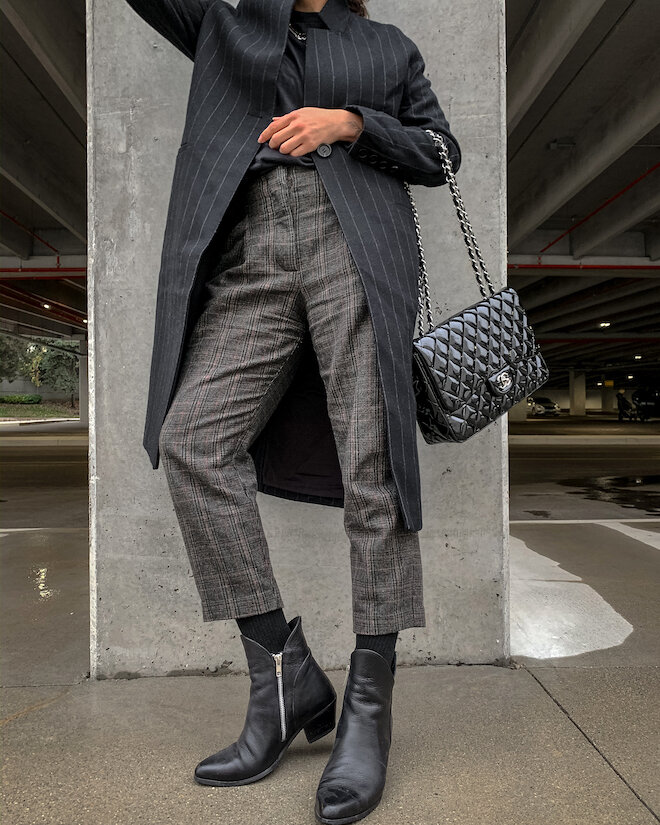 simple fall outfit trends - wool pants, pinstripe maje coat, black ankle boots, chanel classic jumbo flap bag in patent leather, street style, nathalie martin_1153.jpg