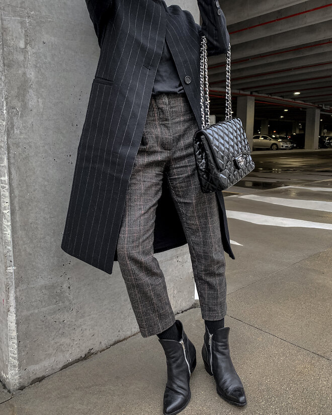 simple fall outfit trends - wool pants, pinstripe maje coat, black ankle boots, chanel classic jumbo flap bag in patent leather, street style, nathalie martin_1155.jpg