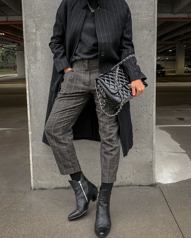 simple fall outfit trends - wool pants, pinstripe maje coat, black ankle boots, chanel classic jumbo flap bag in patent leather, street style, nathalie martin_1146.jpg