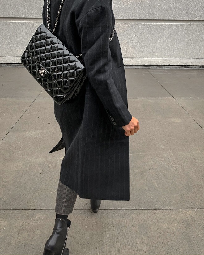 simple fall outfit trends - wool pants, pinstripe maje coat, black ankle boots, chanel classic jumbo flap bag in patent leather, street style, nathalie martin_1128.jpg