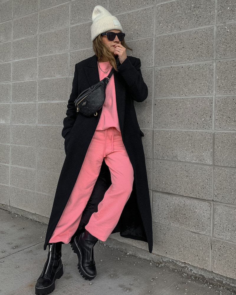 pink sweat pants, sweatshirt, the row zippered boots dupe, lpa sweatsuit street style, acne studios beanie, woahstyle.com by nathalie martin_4509.JPG