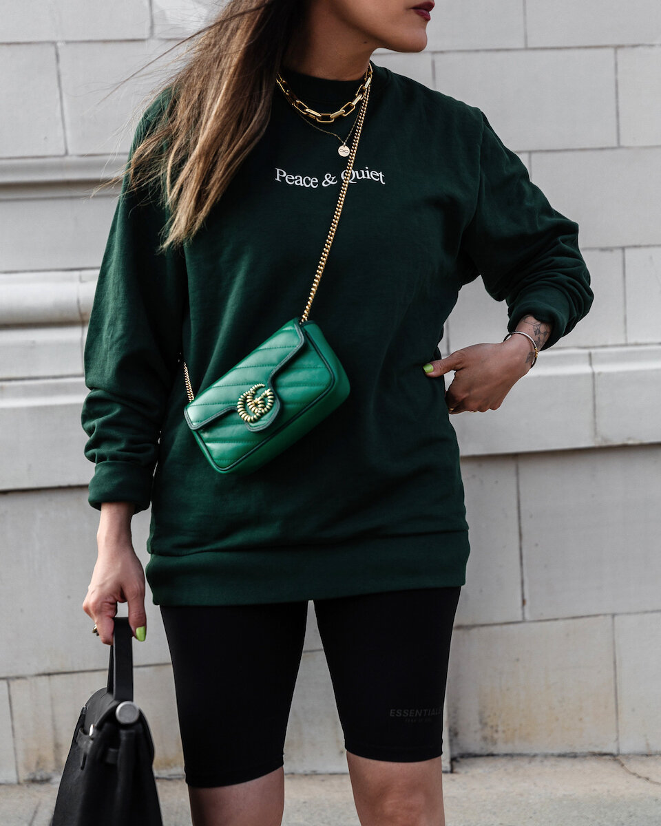 Hermes Herbag PM, MUSEUM OF PEACE and QUIET, Essentials Bike shorts, Gucci Marmont green super mini bag, screener sneakers, review and unboxing, outfit ideas inspiro inspiration,  - woahstyle.com by Nathalie Martin_0008.jpg