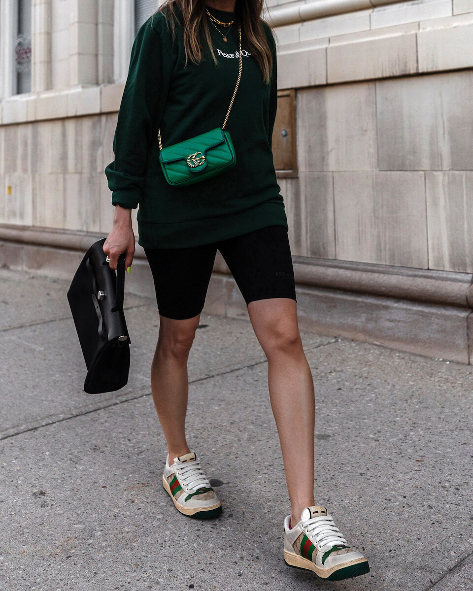 Hermes Herbag PM, MUSEUM OF PEACE and QUIET, Essentials Bike shorts, Gucci Marmont green super mini bag, screener sneakers, review and unboxing, outfit ideas inspiro inspiration,  - woahstyle.com by Nathalie Martin_9992.jpg