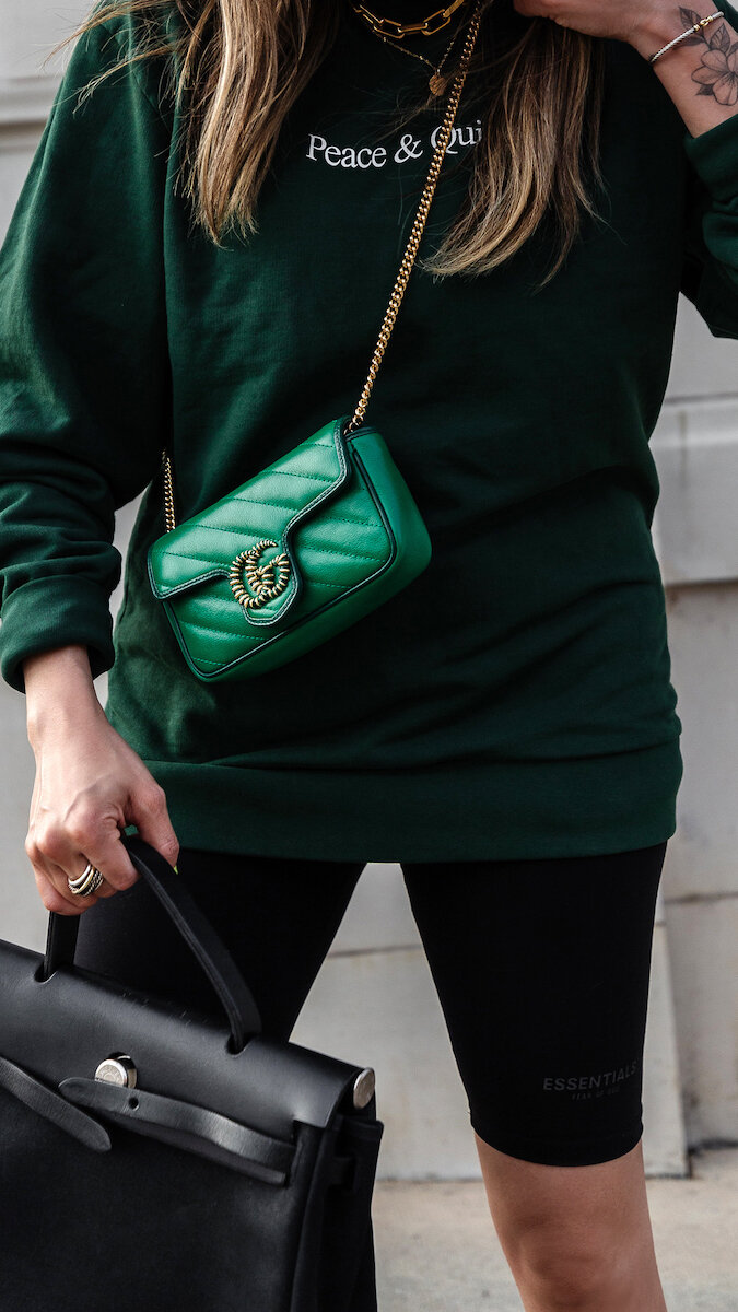 Hermes Herbag PM, MUSEUM OF PEACE and QUIET, Essentials Bike shorts, Gucci Marmont green super mini bag, screener sneakers, review and unboxing, outfit ideas inspiro inspiration, - woahstyle.com by Nathalie Martin_0006.jpg