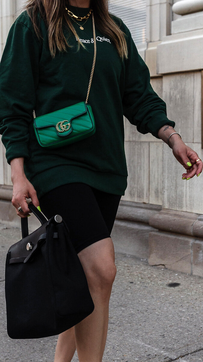 Hermes Herbag PM, MUSEUM OF PEACE and QUIET, Essentials Bike shorts, Gucci Marmont green super mini bag, screener sneakers, review and unboxing, outfit ideas inspiro inspiration, - woahstyle.com by Nathalie Martin_0001.jpg