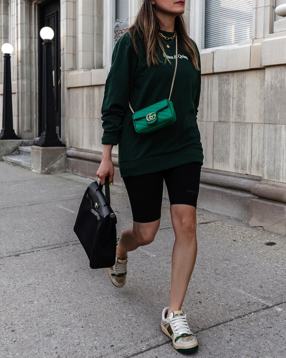 Hermes Herbag PM, MUSEUM OF PEACE and QUIET, Essentials Bike shorts, Gucci Marmont green super mini bag, screener sneakers, review and unboxing, outfit ideas inspiro inspiration,  - woahstyle.com by Nathalie Martin_9999.jpg