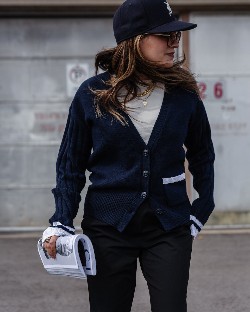 Rag & Bone navy cardigan, off white Loewe Nano Puzzle bag, New Balance 990v5 sneakers, street style, New Era X essentials baseball cap hat, woahstyle.com by Nathalie Martin _3444.jpg