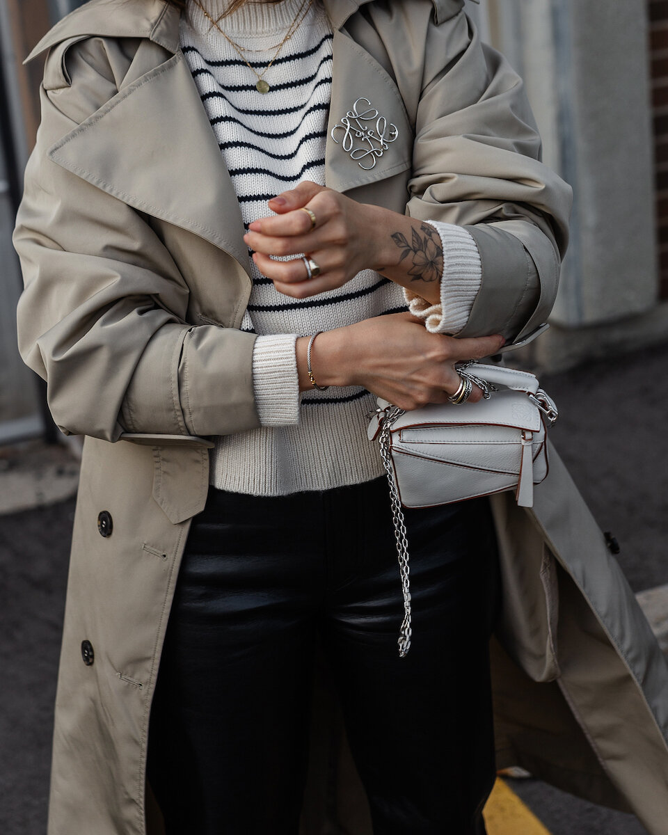 nathalie martin woahstyle.com, trench coat, striped knit sweater, Loewe Chelsea boots in khaki brown, white loewe nano puzzle bag review outfit inspo streetstyle_2937.jpg