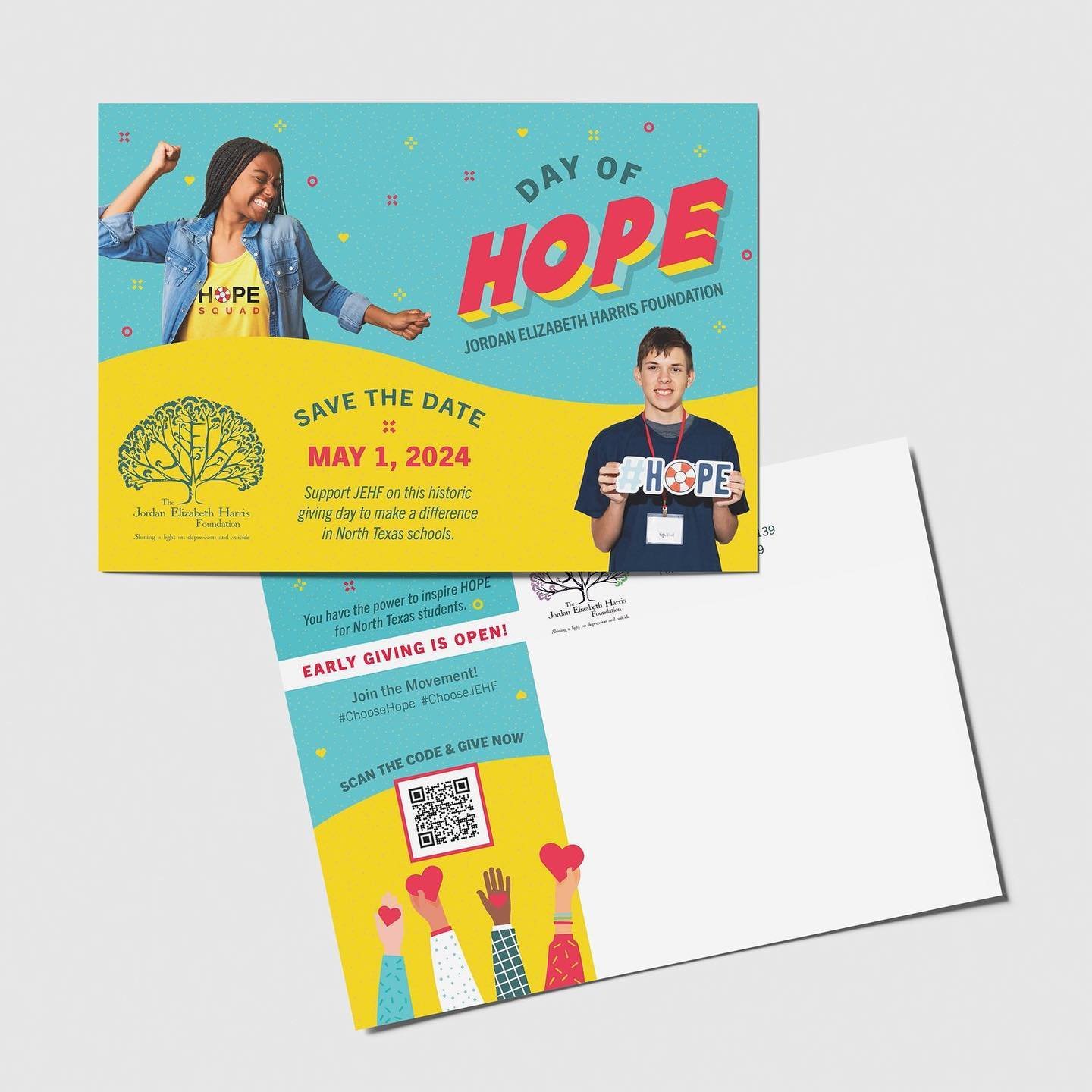 Tenfold Creative Co. designed postcards, letters and social media campaign materials for The Jordan Elizabeth Harris Foundation&rsquo;s @jordanharrisfoundation Day of Hope Campaign. Hope Squad is a peer-to-peer suicide prevention initiative within sc