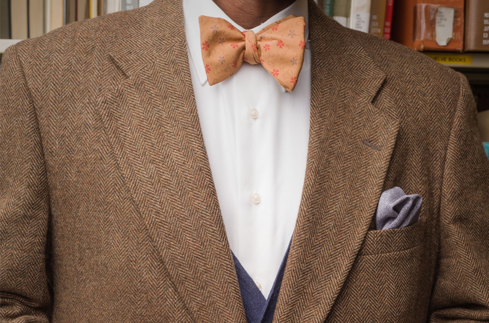 Gold Arabesque Bow Tie and Blue Silk Pocket Square