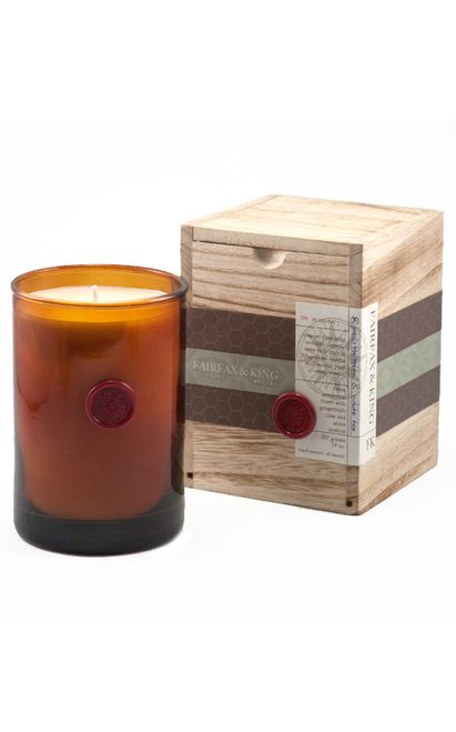 Persimmon, white tea candle by Fairfax and King autumn scent candle sold at Modavanti.