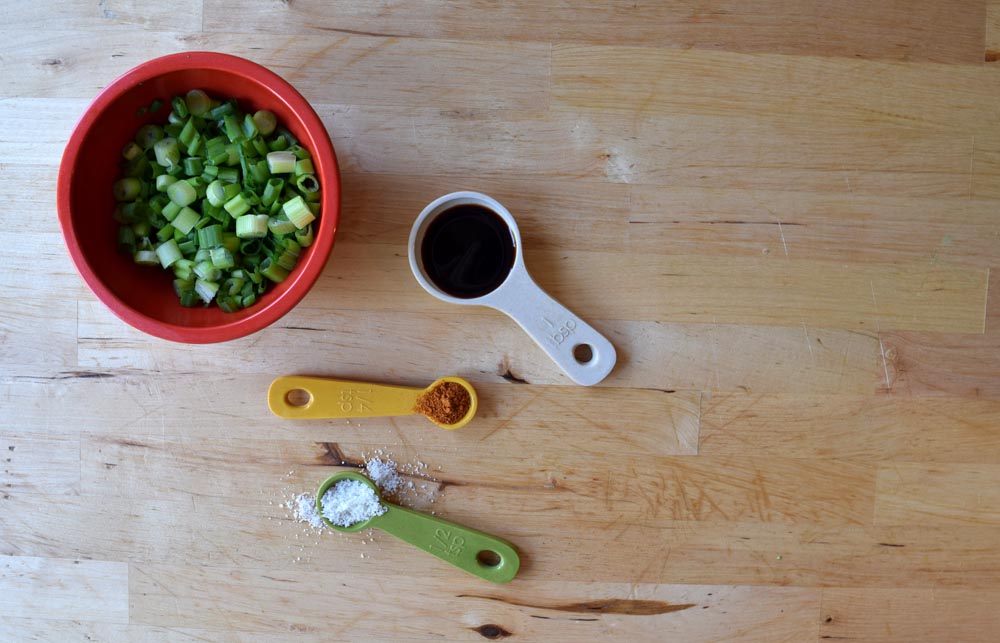 Flavor ingredients for fried rice. Soy sauce, salt, pepper, green onions.