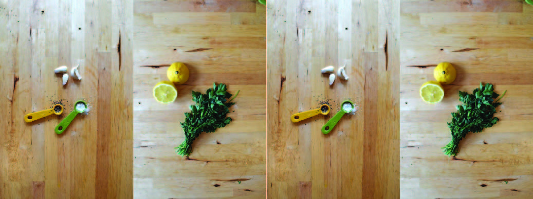 Garlic, salt, pepper, lemon and parsley. Flavors and ingredients for hummus recipe.