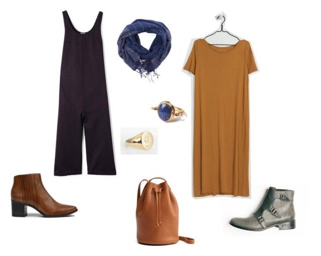 Two stylishly comfortable weekend outfits with jumper by Ilana Kohn , dress by Kowtow , bag by Baggu , shoes by Freda Salvador & Coclico , scarf by Malena , rings by J. Hannah & Soko .