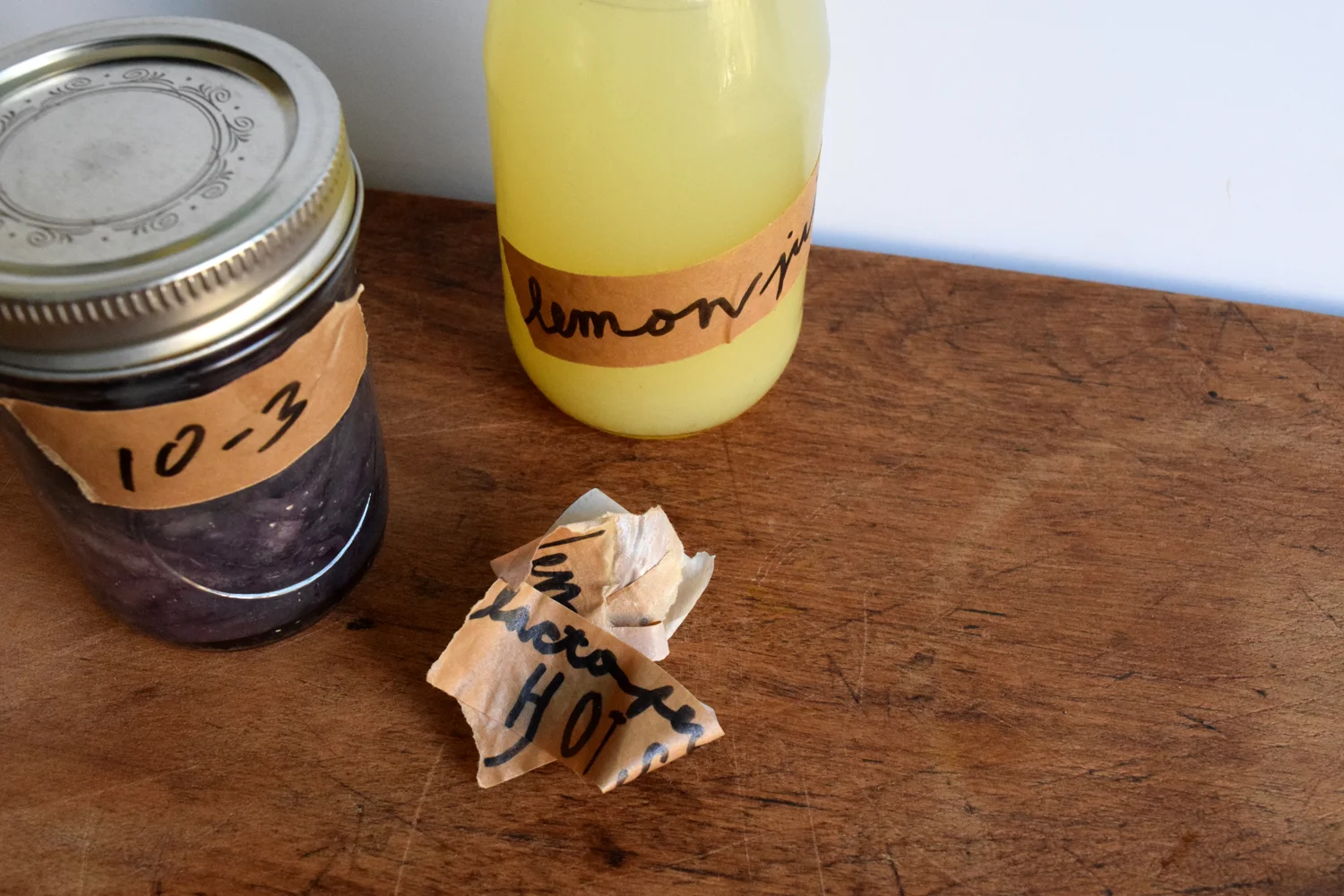Handwritten labels on homemade goodies. When this roll of tape is finished, I'll investigate compostable options.