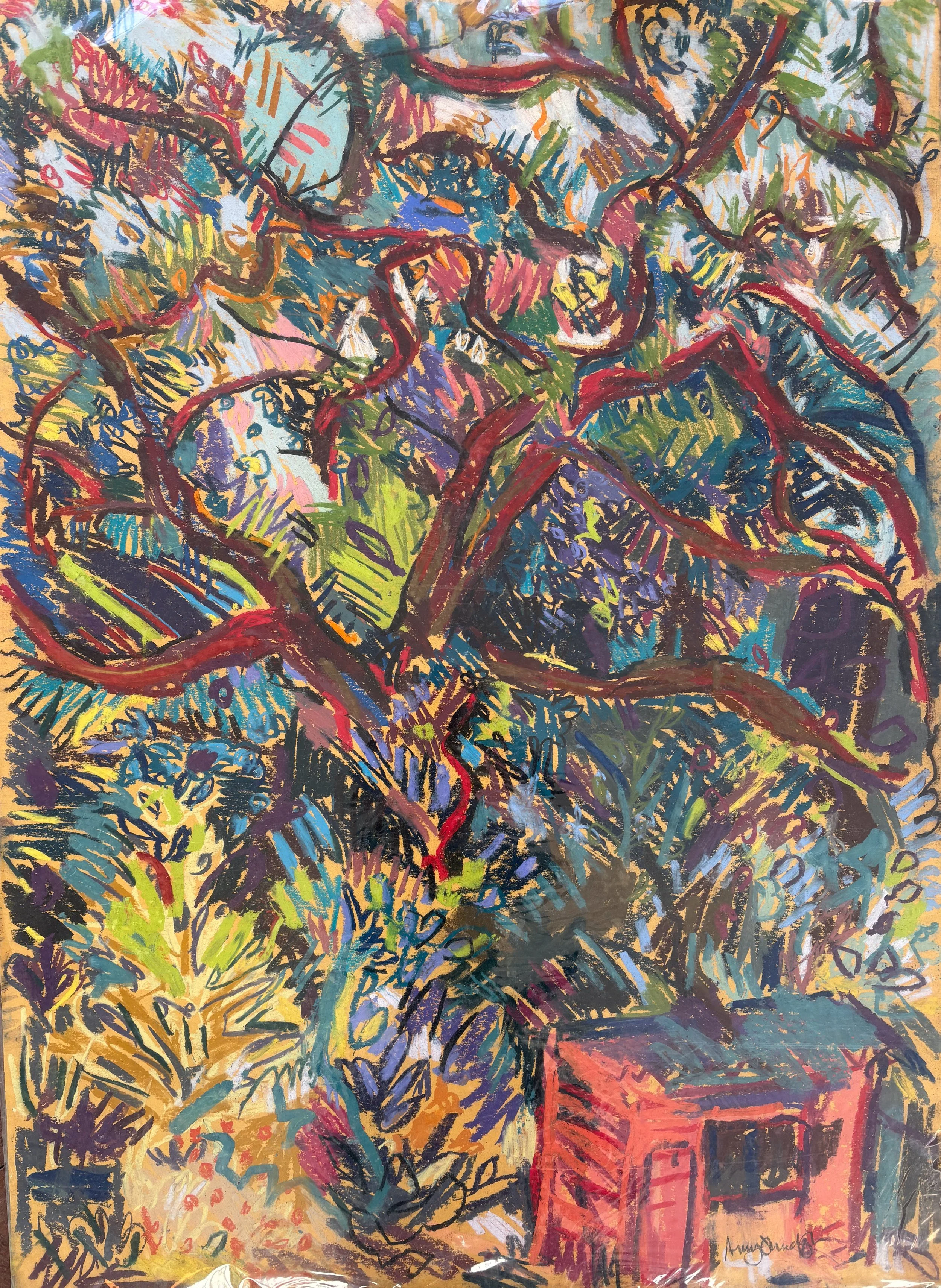 Summer Tree above Pink Shed, pastel on card, 80x60cm, £600 unframed