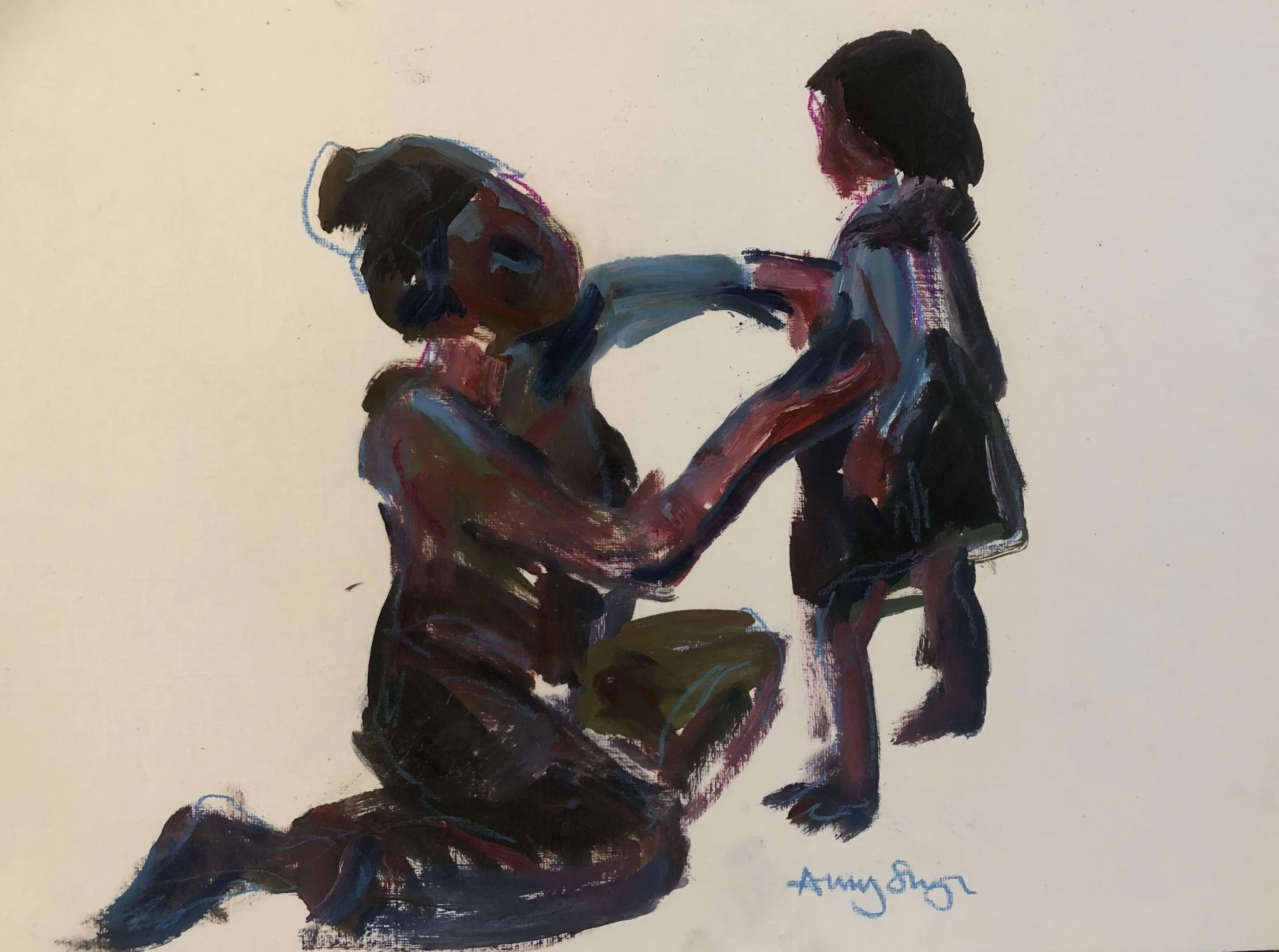 Getting dressed 2, oil on paper, framed 43x49cm £310