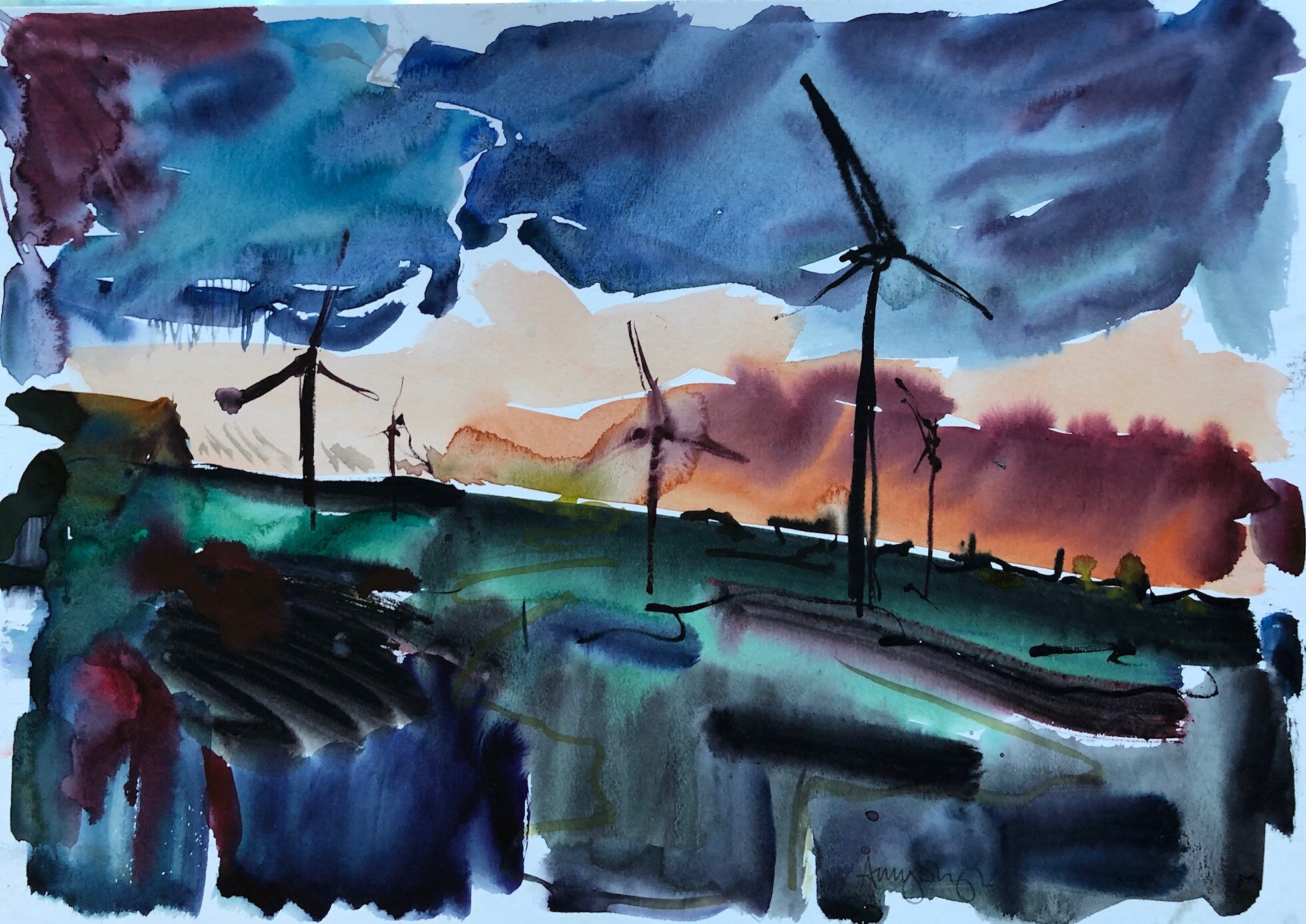 Sunset with Turbines, watercolour on board, 30x40cm £200