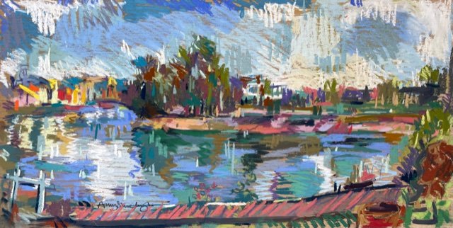 River Bank, Hammersmith (view from Durham Wharf), pastel on wood, 30x60cm £465 (unframed)