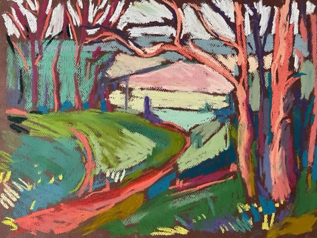 Pink path down hill, pastel on paper, 30x40cm, £500 framed