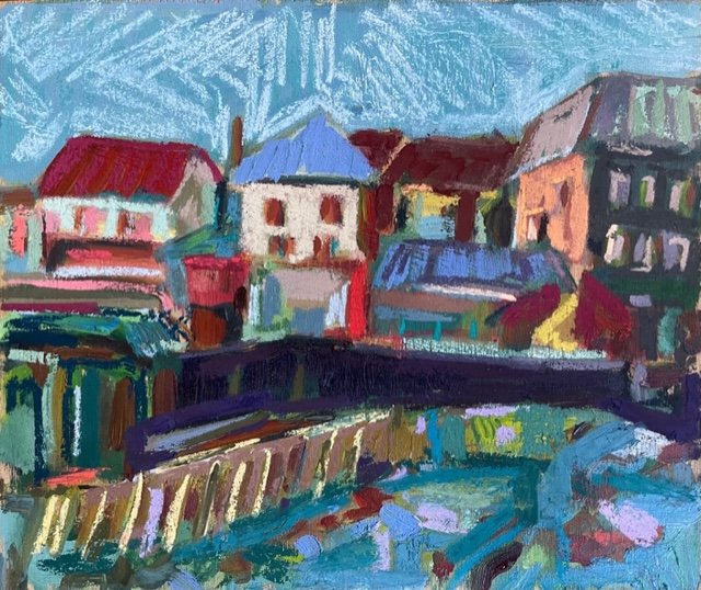 Port Isaac houses, oil and pastel on wood, 20x30cm, £365 framed