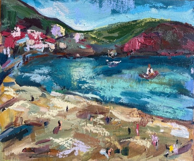 Port Isaac beach, oil and pastel on wood, 20x30cm, framed, £365 
