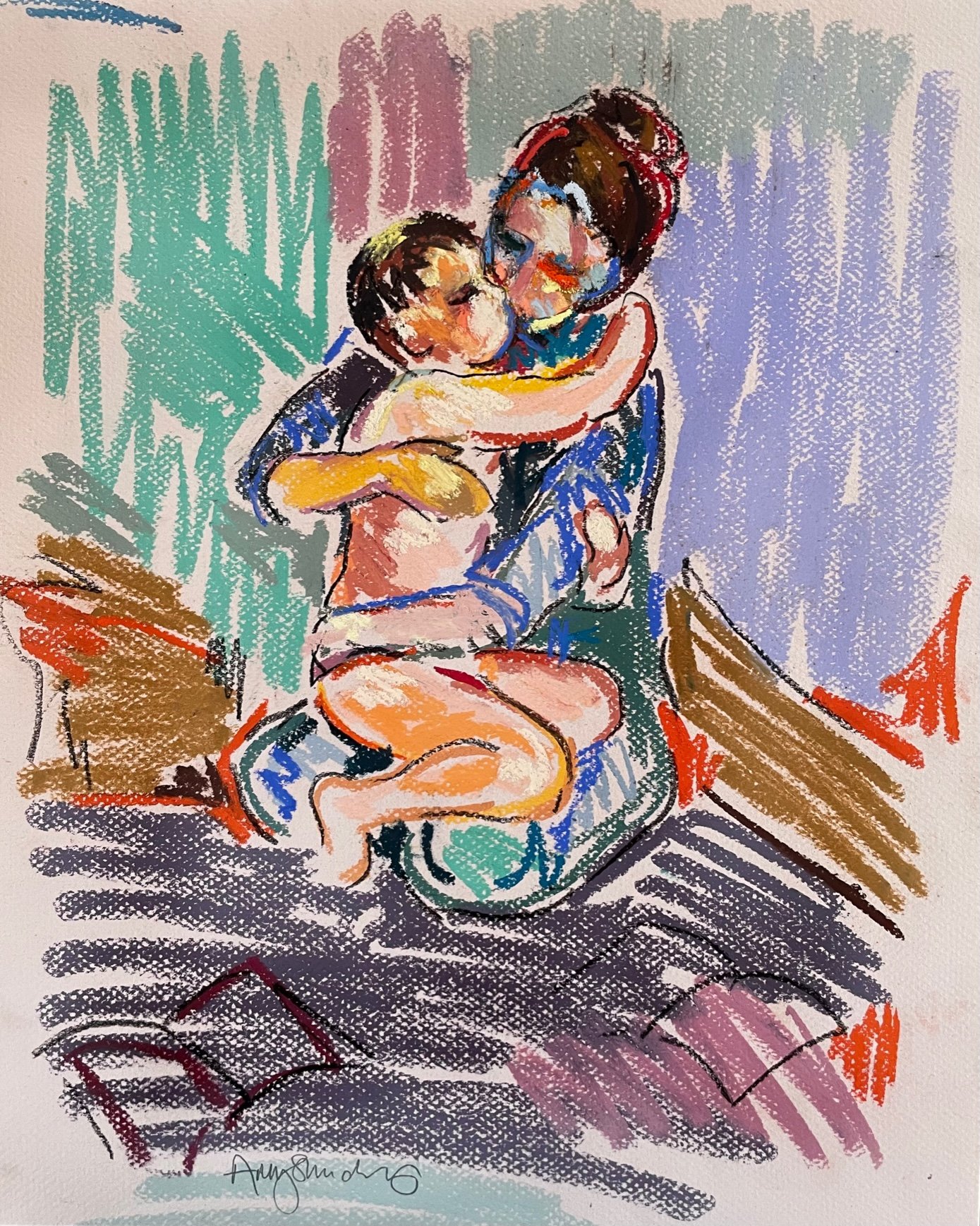 Mother and child, embrace, pastel on paper, 40x30cm, unframed, £350